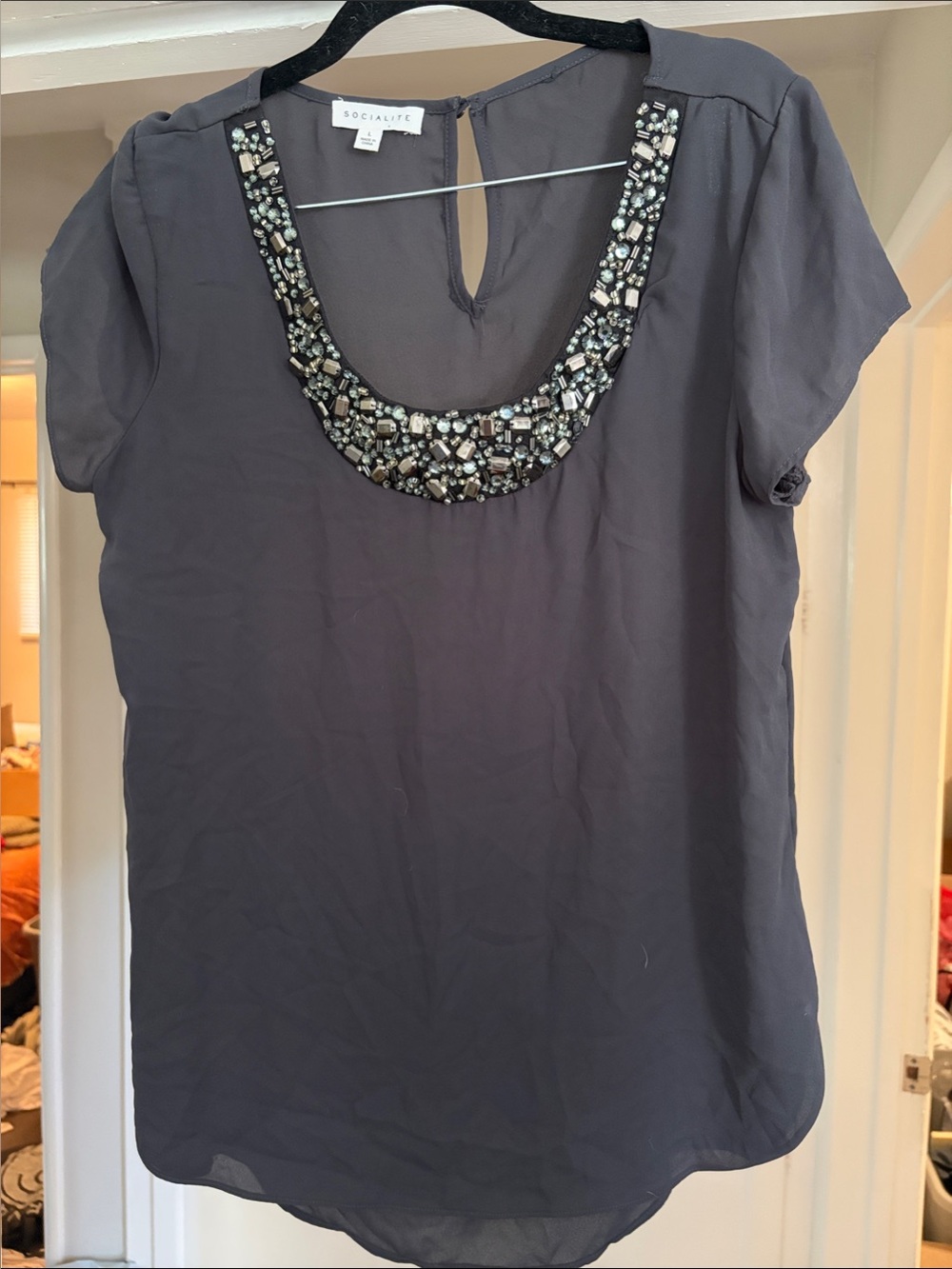NWOT Socialite Charcoal Jeweled Scoop Neck Blouse